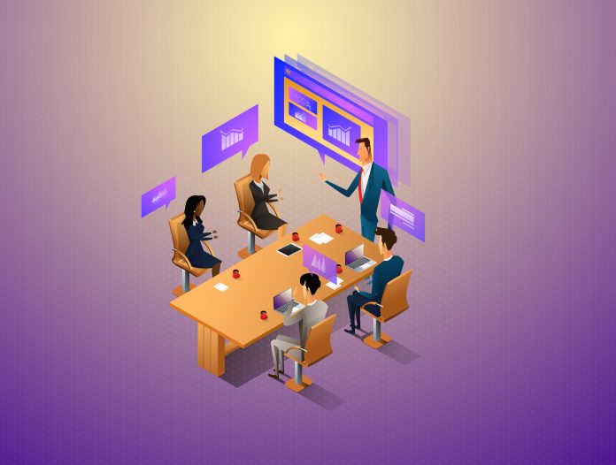 People interacting with graphs and papers while have digital meeting. Workflow and business management. 3D vector isometric illustration.